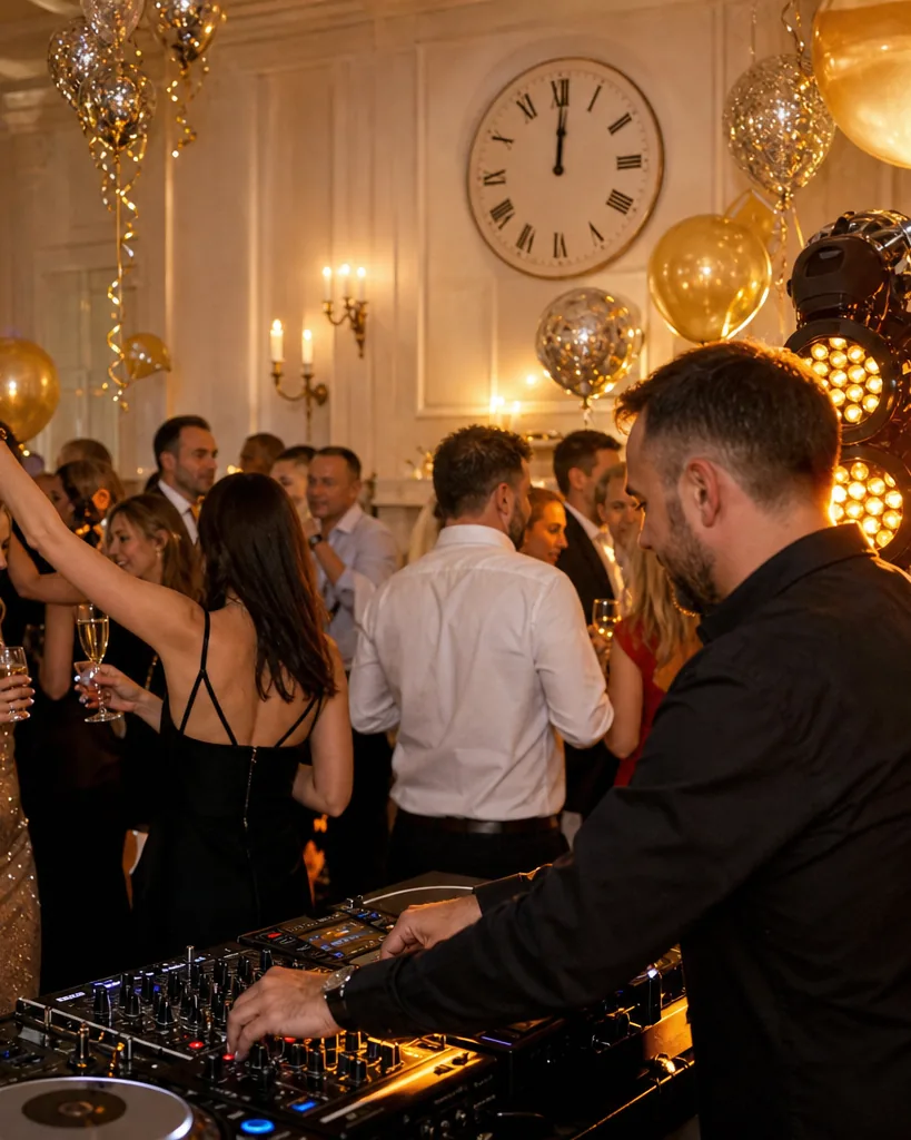 DJ na balu sylwestrowym w restauracji, goście tańczą przed północą