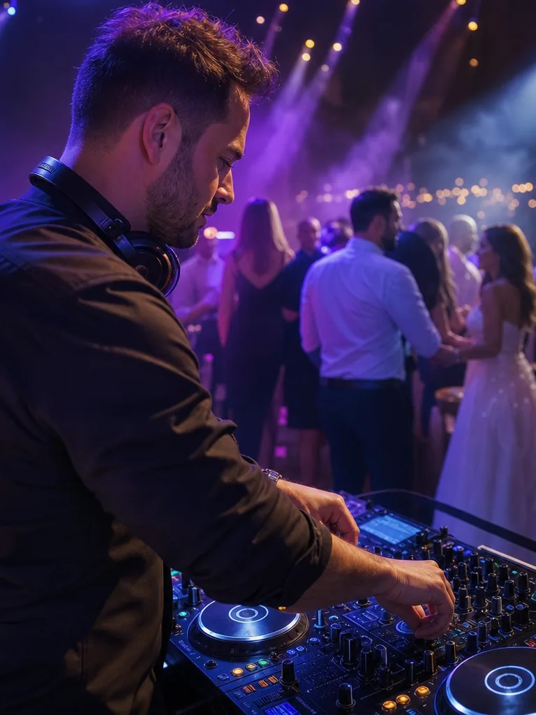 DJ przy konsoli z nagłośnieniem i światłami, goście na parkiecie