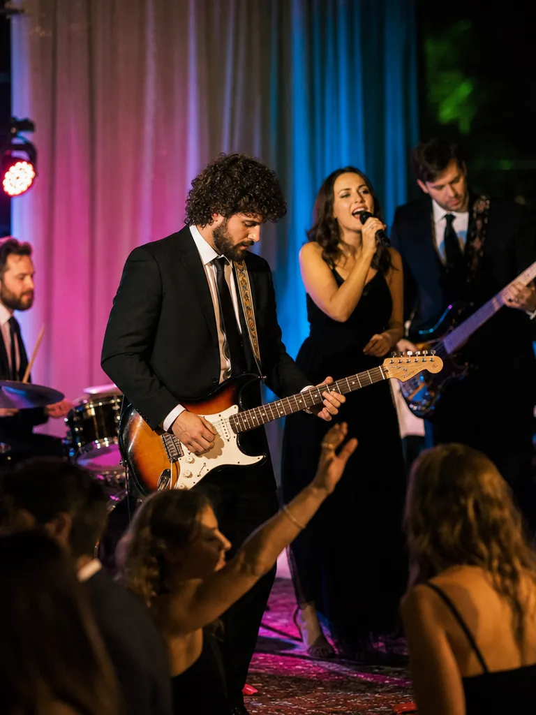 Zespół na scenie, gitarzysta i wokalistka grają na żywo, publiczność tańczy pod sceną
