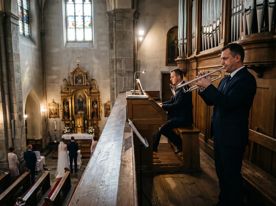 Trębacz i organista na chórze kościoła podczas ślubu